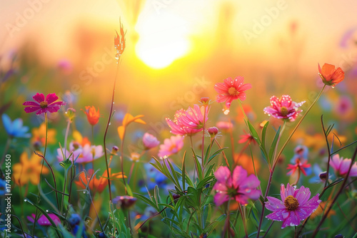 A vast field of flowers stretches as far as the eye can see, bursting with vibrant colors.