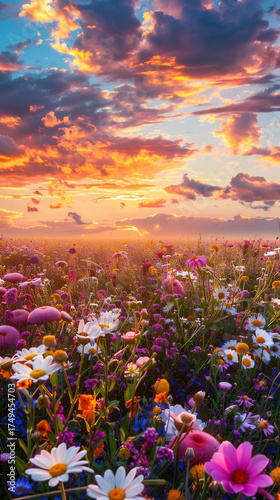 A vast field of flowers stretches as far as the eye can see, bursting with vibrant colors.