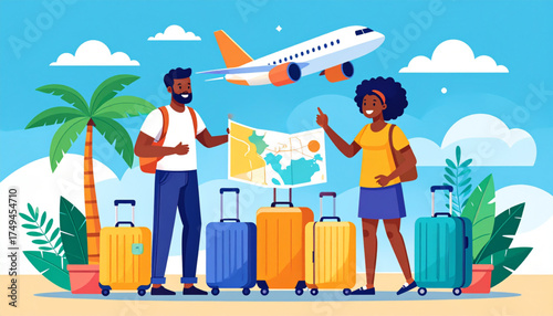 Tropical vacation couple with luggage and map illustration.eps
