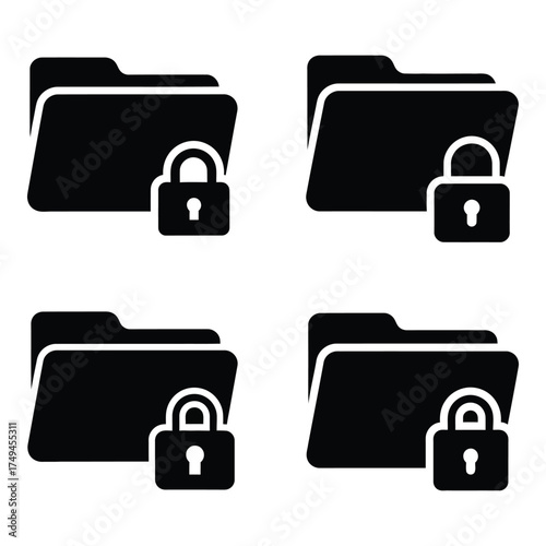 Secure folder icons set featuring locked file cabinets for data protection and confidentiality management concepts silhouette