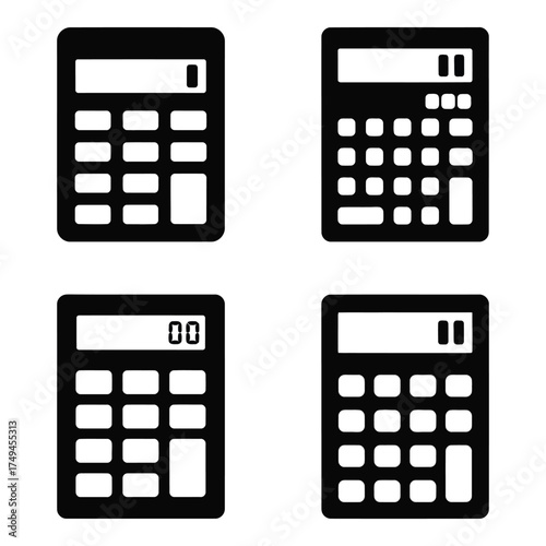 Four distinct silhouette calculator icons representing digital calculation and mathematical operations various designs silhouette