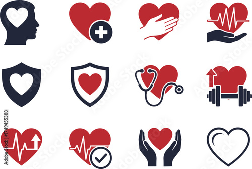 Heart Health Icon Collection Vector, Cardiovascular Wellness, Medical and Fitness Silhouettes, Flat Vector Illustrations