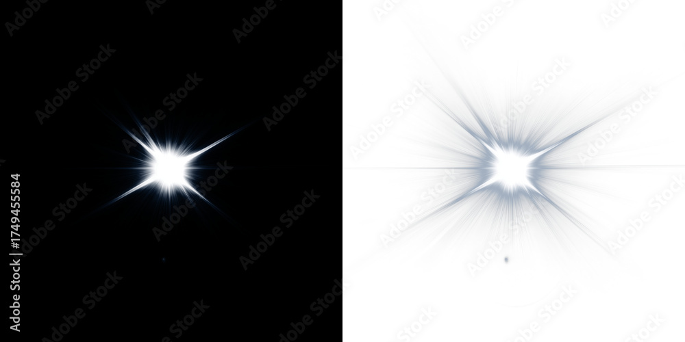 Naklejka premium Bright starburst effect overlay on contrasting black and white backgrounds, creating dynamic visual impact for design projects and enhancing creative compositions
