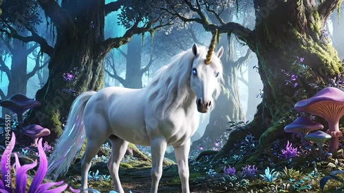 Majestic white unicorn stands in enchanted forest fantasy illustration