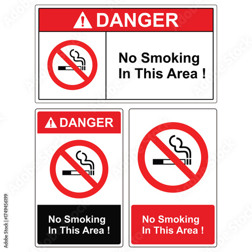 Danger No Smoking Signs Set For Restricted Areas – No Smoking In This Area Labels and Posters