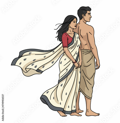 Romantic and Dramatic South Asian Couple in Traditional Sari and Dhoti Standing Together in the Wind