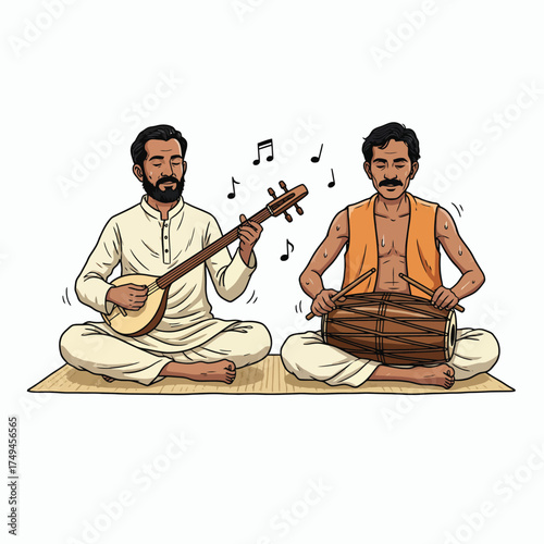 Two Indian Folk Musicians Performing a Duet with Traditional Ektara and Dholak Instruments