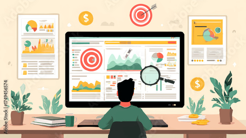 A person analyzing data on a large computer screen, surrounded by charts, graphs, and financial icons, with plants and stationery on the desk