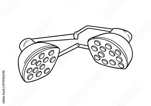 Detailed surgical lighting equipment drawing for medical design needs and educational resources, a precise line art illustration of operating room lamps