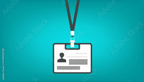 A graphic illustration of an identification card or badge with a lanyard, against a teal background.
