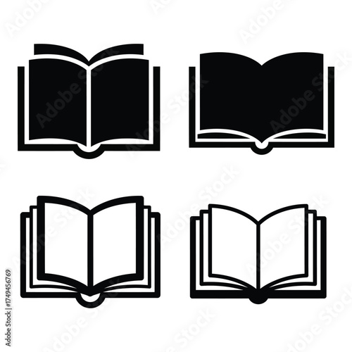 Four simple black and white book icons representing open literature and knowledge for educational purposes silhouette