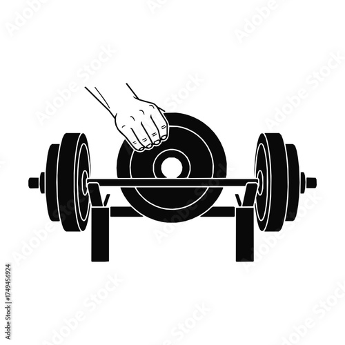 Weightlifting Workout Hand Placing Weight Plate on Barbell for Strength Training