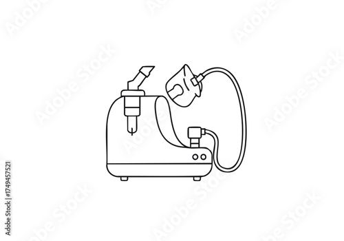 Professional line art of a modern nebulizer with mask and tubing, essential medical device for respiratory care and treatment