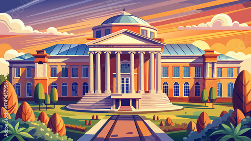 Very beautiful Science Museum of Virginia in Richmond, USA, vector-style architectural illustration highlighting neoclassical design, warm sunlight, and educational grandeur.