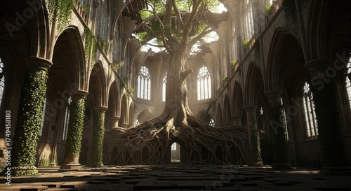 Majestic Tree Roots Embrace Ruined Gothic Cathedral, Overgrown with Nature.