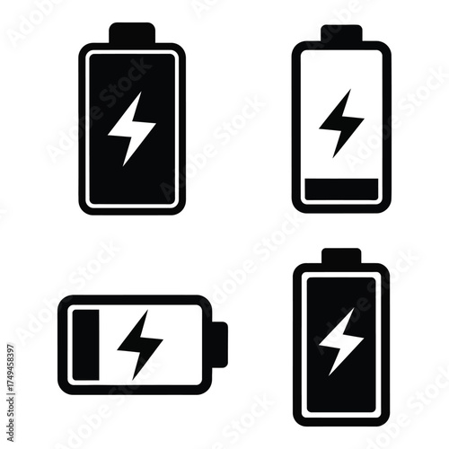 Four battery icons showing power levels and charging status with lightning bolt symbols in various orientations for digital use silhouette