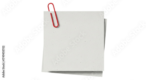Isolated blank note with red paperclip, two sticky sheets on top of each other, office item