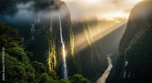 Majestic Waterfall Cascading Through Lush Green Canyon, Dramatic Sunlight Beams.