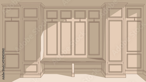 Interior design sketch featuring built in cabinets and bench with paneling and crown molding detail