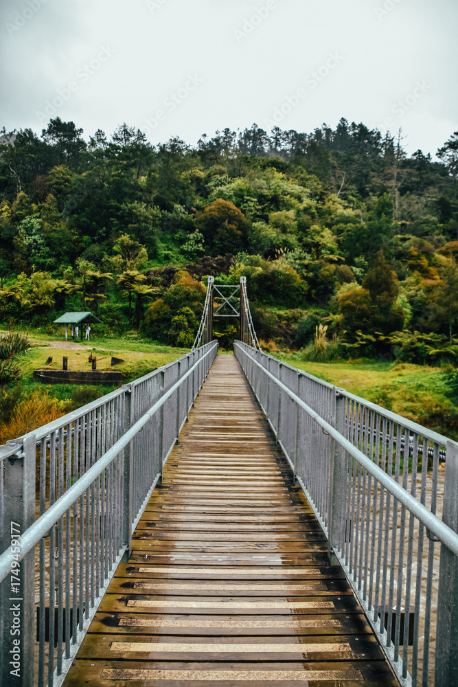 Obraz premium Fotografía del puente colgante del Karangahake Gorge en la Península de Coromandel, en Nueva Zelanda.