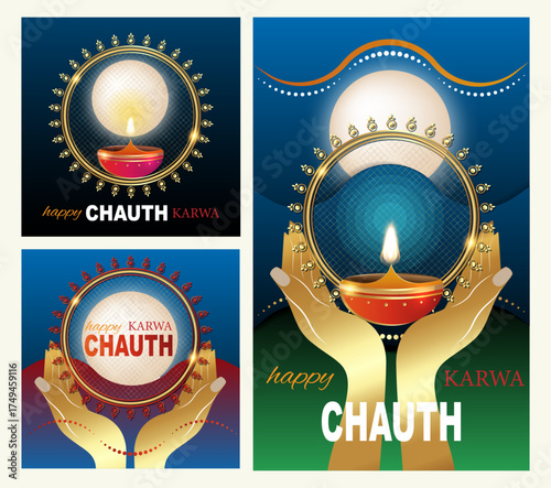 set card of happy karwa chauth Indian festival with full moon and oil diya lamp, gold woman's hands decorative banner, vector illustration colorful background