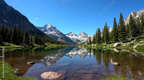Scenic mountain lake landscape with forest and clear blue sky panorama