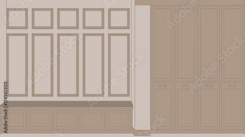 A beige wall with rectangular panels above a bench and a beige closet with multiple doors and drawers
