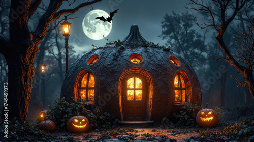Haunted Pumpkin House With Glowing Windows Under Full Moon For Halloween Scene