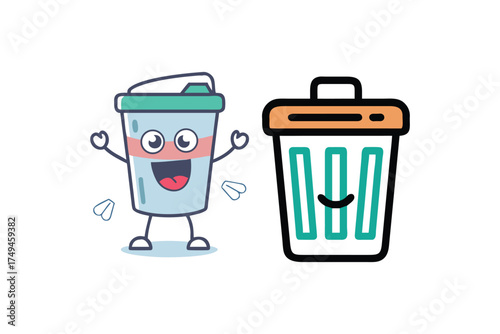 happy beverage and trash can characters with cute facial expressions silhouette