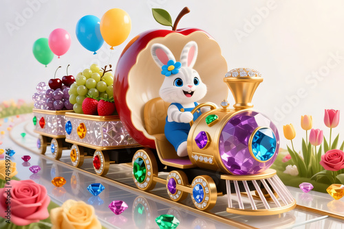 A fun, colorful cartoon illustration of a spring Easter bunny with Easter eggs and food for a holiday celebration party
