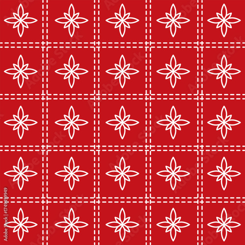 Geometric Christmas Floral Star Seamless Pattern with Stitch Effect