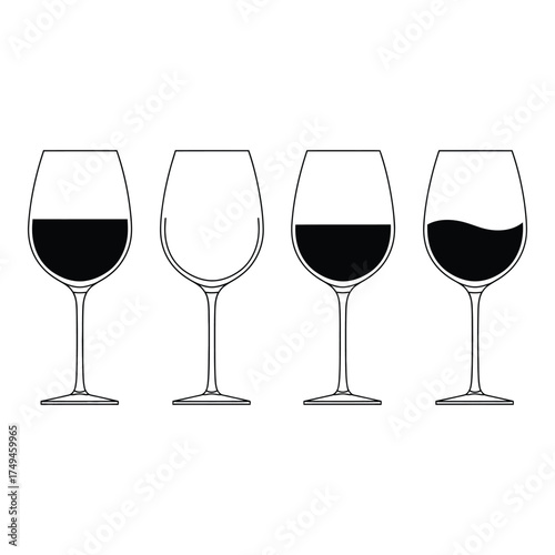 Four wine glasses showing different levels of red wine and one empty offering a visual study silhouette