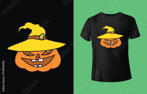 Spooky halloween pumpkin character with wicked grin wearing a witch hat on a black t shirt mockup