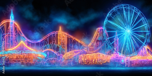 Neon amusement park with glowing ferris wheel and rollercoaster at night - AI generated