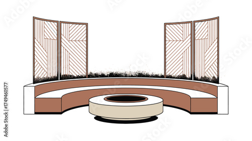 A circular seating area with a fire pit and decorative panels against a white background illustration