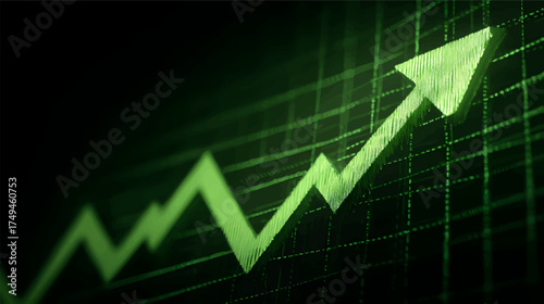 A stylized green upward arrow on a dark grid background, symbolizing growth and success in finance or business