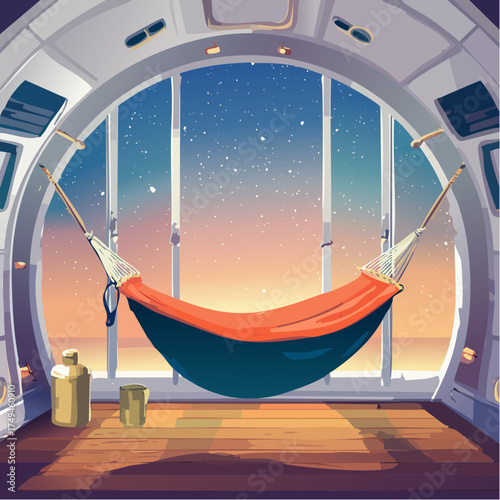 Cozy hammock in a spaceship window at sunset