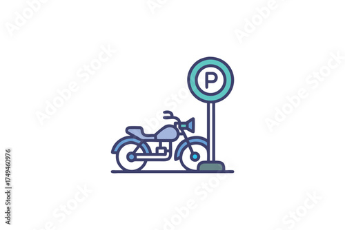 Motorcycle parked beside a parking sign flat design illustration silhouette