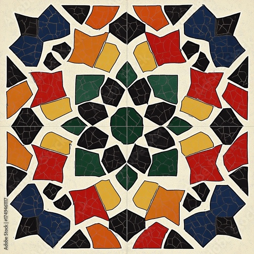 Intricate Moroccan Mosaic Tile Pattern with Cracks and Bright Geometric Arabesque Design

