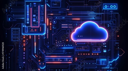 Digital Circuit Board with Neon Lines and a Cloud Icon Representing Modern Cloud Computing Technology

