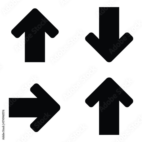 Four black directional arrows up down left and upward arrows representing navigation movement and choices silhouette