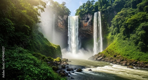 Majestic Waterfalls Cascading Through Lush Green Forest, Serene Nature Scene.
