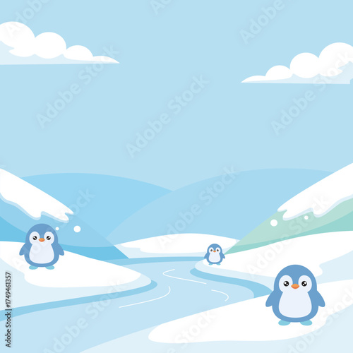 Cute penguins on snowy winter landscape illustration