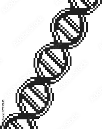 Pixel art double helix dna strand, genetic science symbol minimalist black and white illustration of genome structure