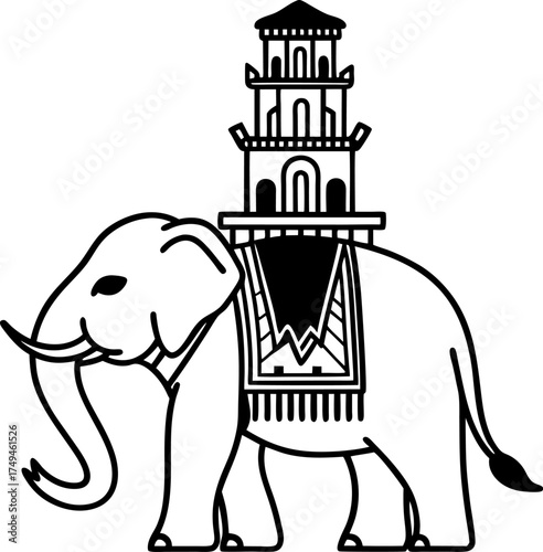 Decorative elephant with architectural tower, black and white outline traditional design, creative animal and building fusion