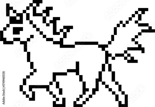 Pixel art unicorn illustration with horn and flowing tail simple black and white mythical horse drawing on white background