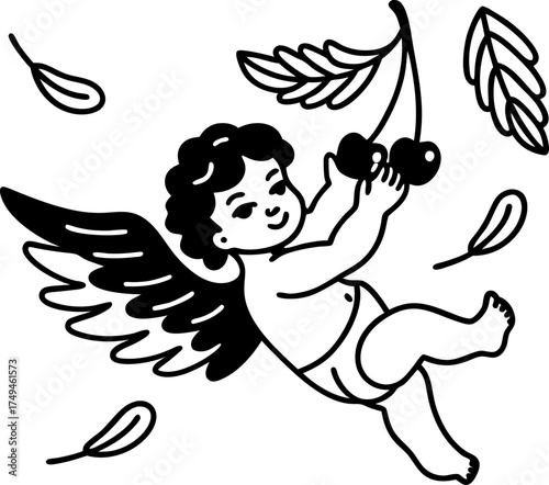 cute cherub with wings holding cherries, surrounded by decorative leaves and petals playful black and white illustration
