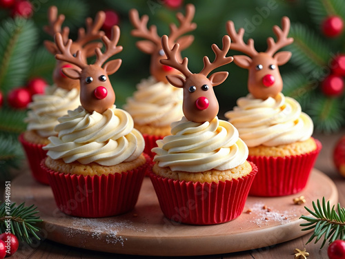 Festive Christmas reindeer cupcakes on a wooden tray. A delicious holiday dessert with vanilla cream frosting, perfect for a winter celebration party. Seasonal sweet food concept.