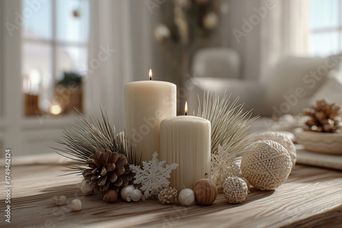Weiße Stumpenkerzen mit Tannengrün, skandinavische Weihnachtsdekoration