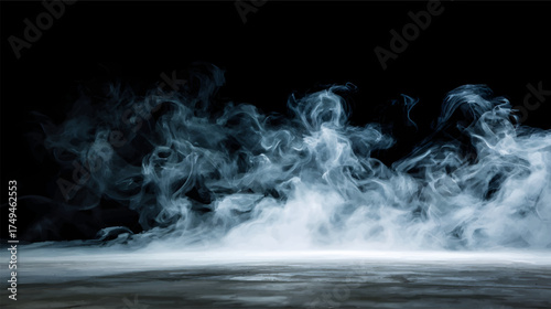 A swirling cloud of smoke against a black background, creating a dramatic and mysterious atmosphere